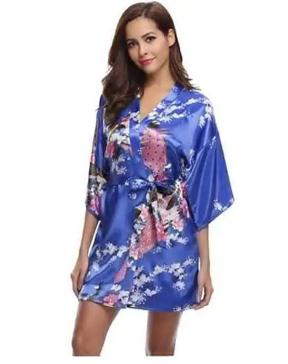 Brand Purple Female Printed Floral Kimono Dress Gown Chinese Style Silk Satin Robe Nightgown Flower S M L XL XXL XXXL