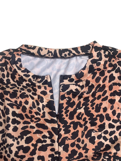 Fashionable Long-Sleeved Sexy Leopard Print V-Neck Jumpsuit Shorts with Zipper Closure