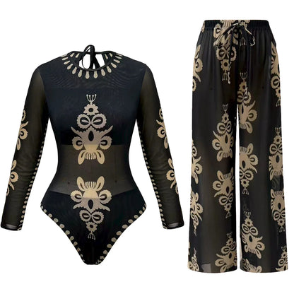 2026 New Trend Mesh Swimwear Women's Sheer Sexy High Waist Surfing One Piece Suit with Pants & Skirt Swimdress Smart Woman