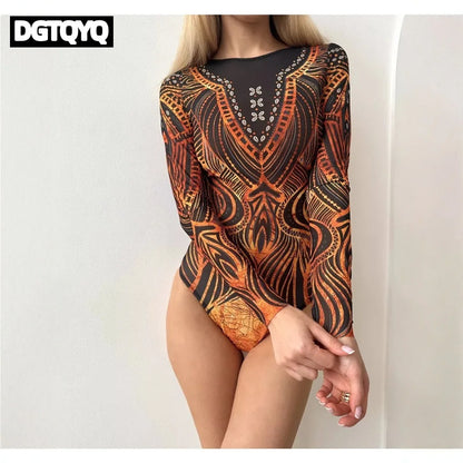 Long Sleeve Sheer Sun Protection One-Piece Set Swimsuit Women Sexy Rash Guard Swimwear Bodysuit Beachwear Купальник