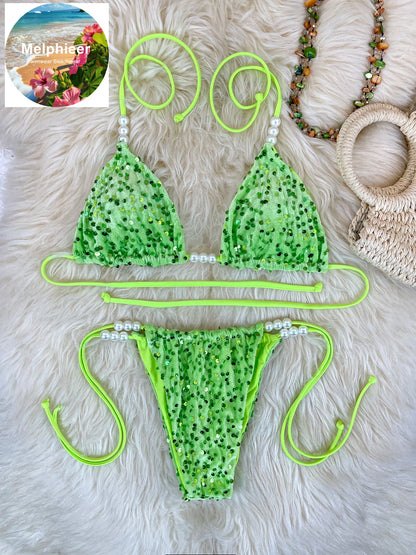Women's Sparkle Sequins Bikini Set Beach Summer 2026 Vacation Glitter Swimsuit Two-Piece Swimsuit Set Scrunch Bum Bathing Suits