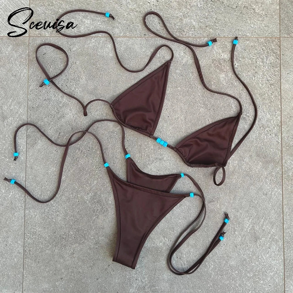 2025 New Sexy Low Waisted Bikini Set Micro Swimsuit Swimwear Women Strappy Solid Halter Thong Bathing Suits Beachwear biquini