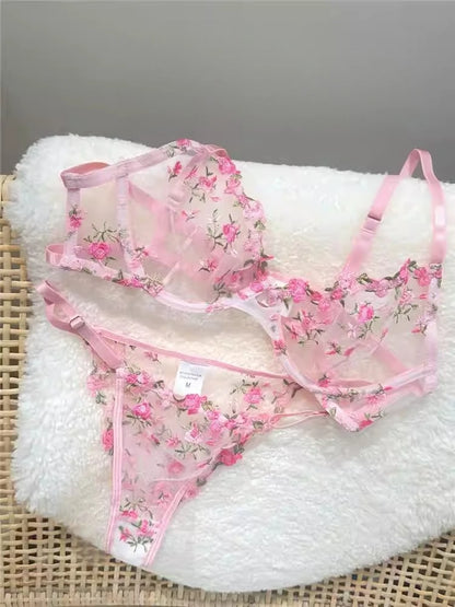 YUQI French Elegant Lingerie Set-Floral Embroidery Semi-Transparent Bra & Brief,Black Sensual Women's Underwear Luxury Intimates