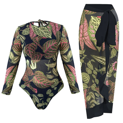 2026 New Trend Mesh Swimwear Women's Sheer Sexy High Waist Surfing One Piece Suit with Pants & Skirt Swimdress Smart Woman
