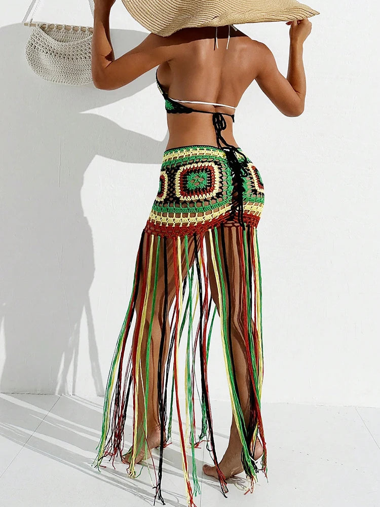 Women Summer Crochet Halter Deep V Neck Cover Ups Multicolor Swimsuit Long Tassel Bikini Knit Dress Cover-Ups Backless Beachwear