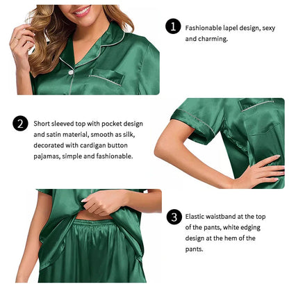 Women Silk Pajamas Set Button down Tops and Trousers Two-Piece Suit Sleepwear Loungewear Solid Pajama Ladies Nightwear Homewear