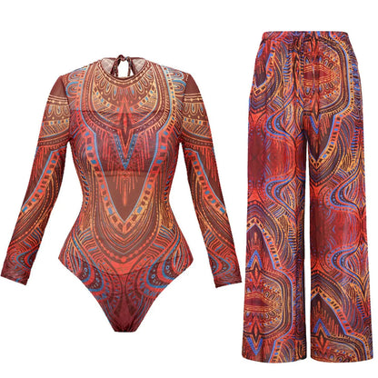 XS - XXL Printed Long Sleeve With Pants Women Swimwear One Piece Swimsuit Female Zipper Padded Bather Bathing Suit Swim V7094