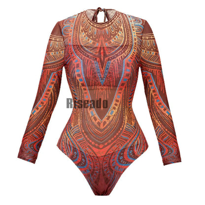 Womens Long Sleeve Mesh Rash Guard UV UPF 35+ Sun Protection Printed Sexy High Waist Surfing One Piece Swimsuit Bathing Suit