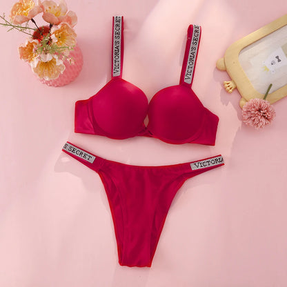 Victoria's Secret Push Up Bra And Panties Set For Women Rhinestone Logo Shoulder Straps Lace Underwear Sexy Lingerie Set