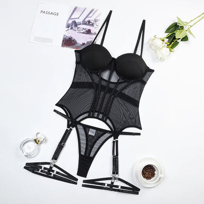 MUZISKAT Mesh  Lingerie Luxury Brand Bodysuit Backless Tops for Women 3 Piece Lingerie Set with Garter Sexydresses for Women
