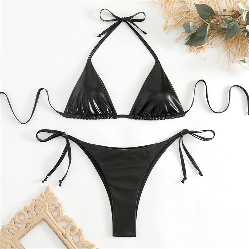 Halter Triangle Sexy Bikini Sets 2025 Women Patent Leather Glitter Swimsuit Summer Solid G-String Swimwear Side Lace Up Monokini