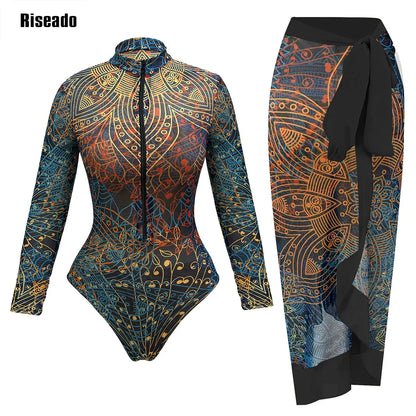 2026 New Trend Mesh Swimwear Women's Sheer Sexy High Waist Surfing One Piece Suit with Pants & Skirt Swimdress Smart Woman
