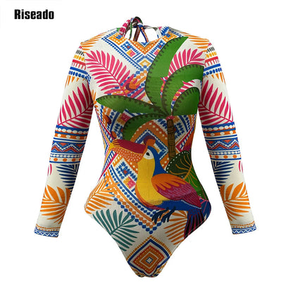 Womens Long Sleeve Mesh Rash Guard UV UPF 35+ Sun Protection Printed Sexy High Waist Surfing One Piece Swimsuit Bathing Suit
