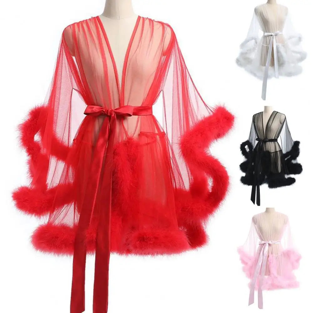 Sexy Bride Wedding Robe Dress Sleepwear Elegant Feather Long Nightgown Nightwear Luxury Ice Silk Home Dress Loungewear Sleepwear
