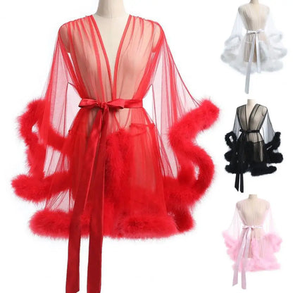 Sexy Bride Wedding Robe Dress Sleepwear Elegant Feather Long Nightgown Nightwear Luxury Ice Silk Home Dress Loungewear Sleepwear