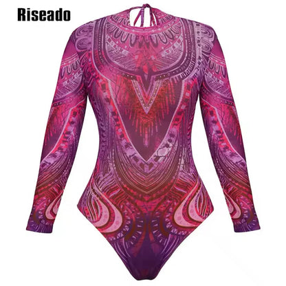Womens Long Sleeve Mesh Rash Guard UV UPF 35+ Sun Protection Printed Sexy High Waist Surfing One Piece Swimsuit Bathing Suit