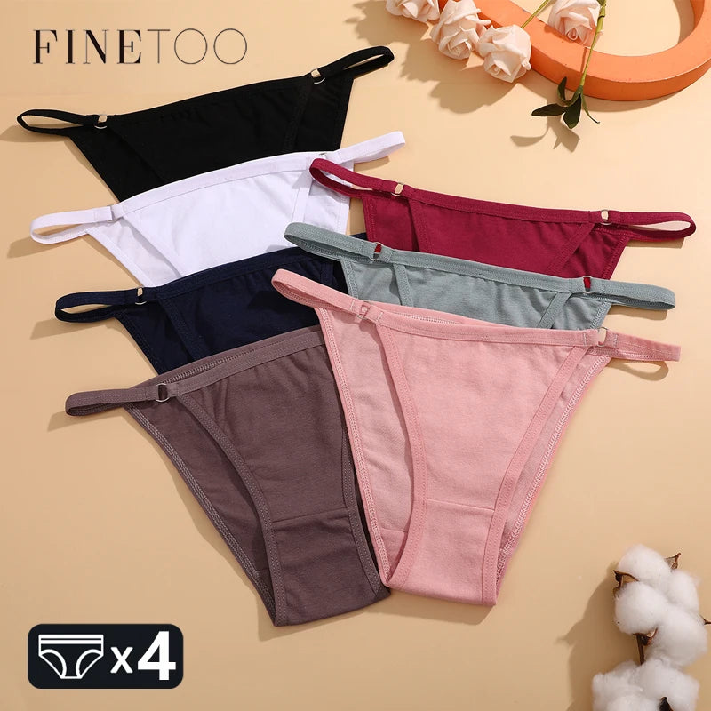 FINETOO 4Pcs Women's Cotton Panties Sexy Metal Ring Waist Underwear Solid Breathable Panties Ladies Soft Briefs Comfort Lingerie