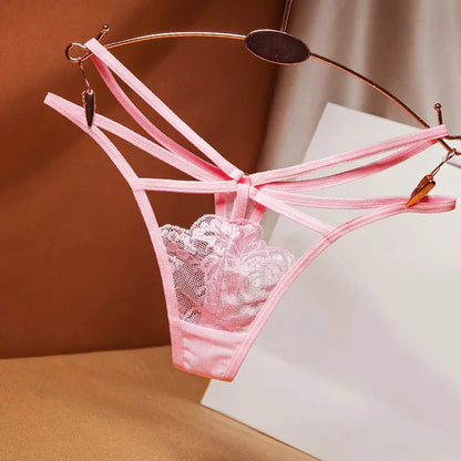 Sexy Perspective Women's Underwear Lace Fashion Cross Belt Bundled Thong Embroidered G-String Girls Briefs Ladies Transparent