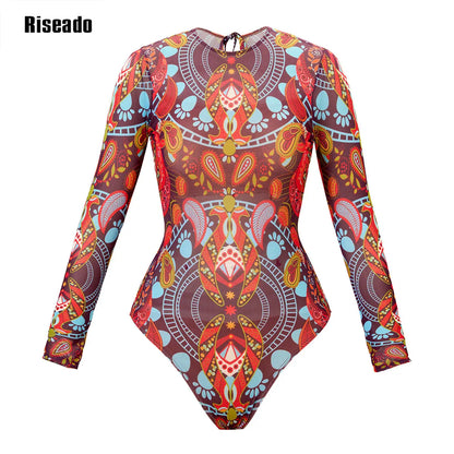 Womens Long Sleeve Mesh Rash Guard UV UPF 35+ Sun Protection Printed Sexy High Waist Surfing One Piece Swimsuit Bathing Suit
