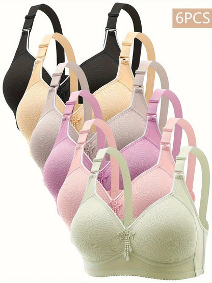 6 Pieces Color Women' Sexy Lace No Wire Bras Plus Size Adjustable Shoulders Strap T-Shirt Bra For Cup A B C D