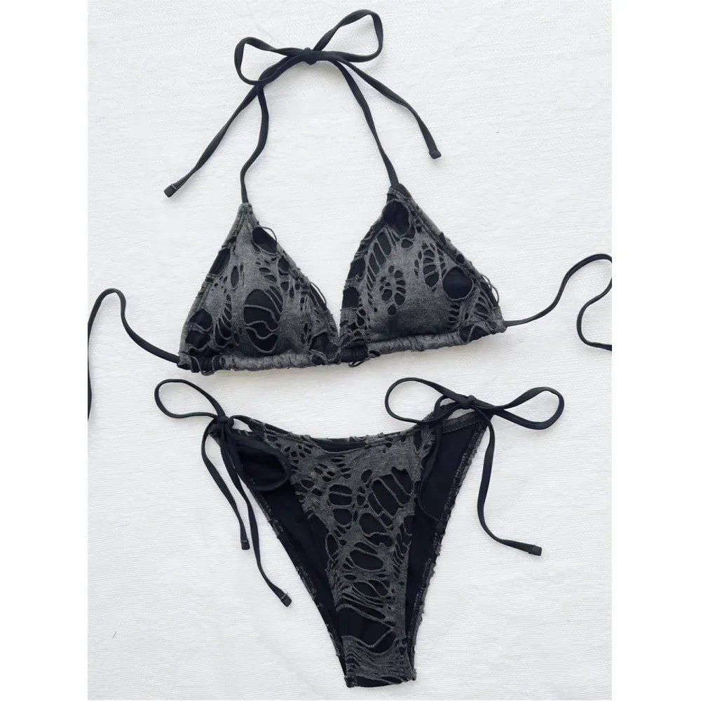 Gothic Grunge Swimsuit Distressed Micro Bikini Y2K Bathing Suits Halter Strappy Lace Up 2026 Trend Woman Punk New Beach Swimwear