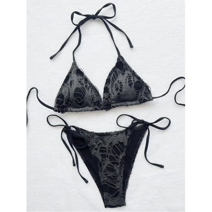 Gothic Grunge Swimsuit Distressed Micro Bikini Y2K Bathing Suits Halter Strappy Lace Up 2026 Trend Woman Punk New Beach Swimwear