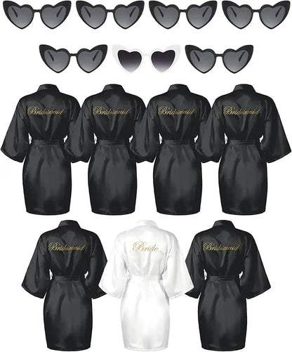 7 Pcs Bride Bridesmaid Robe Sets for Wedding Bridal Party Satin Robes Maid of Honor Robe with Heart Shaped Sunglasses