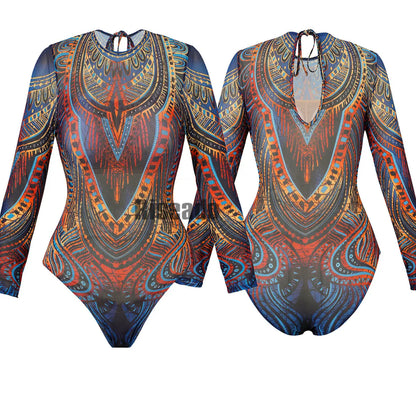 Womens Long Sleeve Mesh Rash Guard UV UPF 35+ Sun Protection Printed Sexy High Waist Surfing One Piece Swimsuit Bathing Suit
