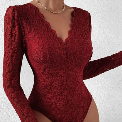 Womens Elegant Floral Lace Shaping Bodysuit Sexy Scallop Trim V-Neck Slimming Body Shaper Slim Night Club Party Leotards Tops