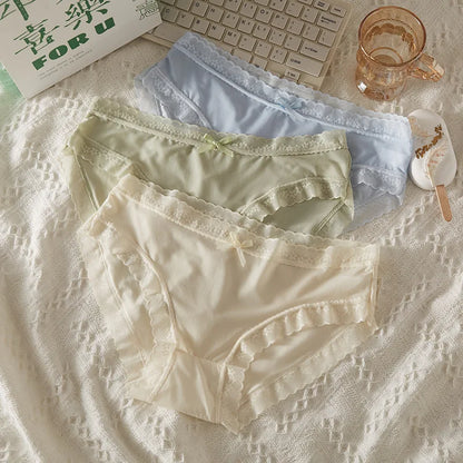 5PCS Women's Lace Ice Silk Seamless Panties Soft Skin‑friendly Cotton Crotch Sexy Mid‑Waist Breathable Thin Briefs