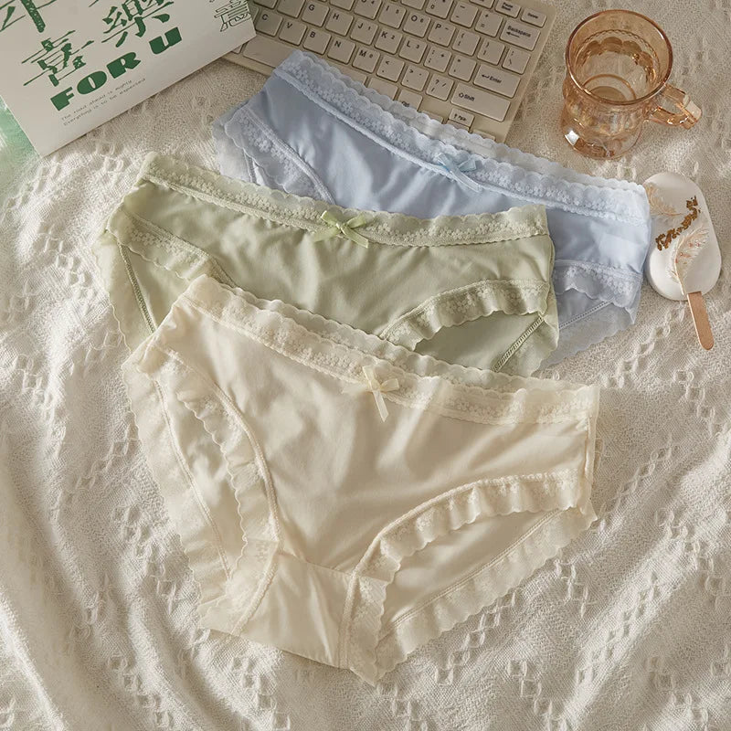 5PCS Women's Lace Ice Silk Seamless Panties Soft Skin‑friendly Cotton Crotch Sexy Mid‑Waist Breathable Thin Briefs