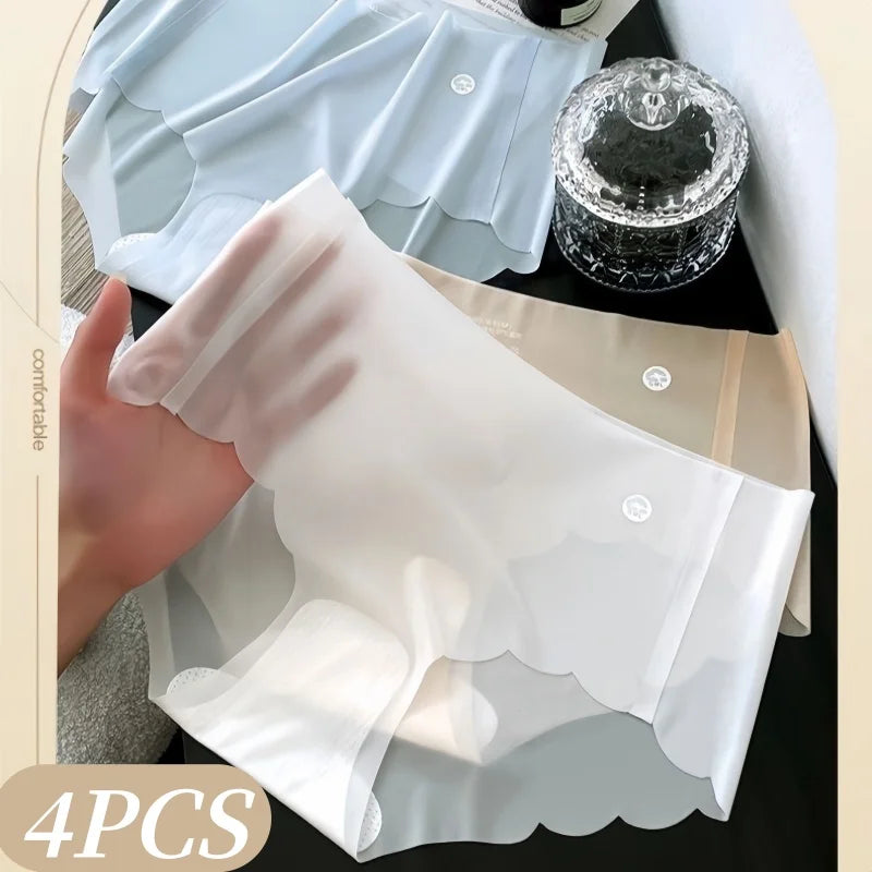 4Pcs/Set Women Ice Silk Sheer Seamless Panties Sexy Lingerie Quick Drying No-show Briefs Low Rise Summer Wear Underwear M-XL