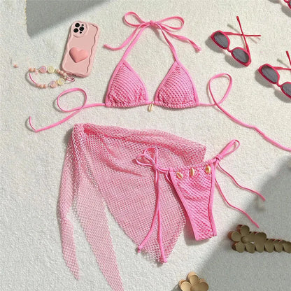 Sexy Brown Mesh Swimsuit Cover Ups Women Triangle String Micro Bikini Thong Halter Swimwear Bathing Suit 3 Piece Bikini Set 2026