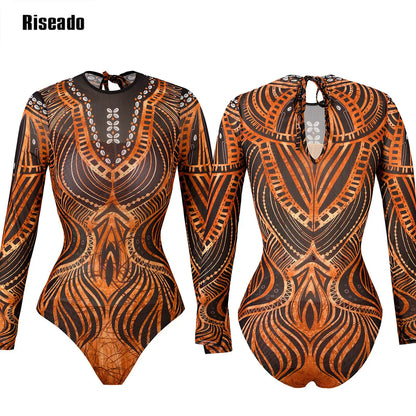 Womens Long Sleeve Mesh Rash Guard UV UPF 35+ Sun Protection Printed Sexy High Waist Surfing One Piece Swimsuit Bathing Suit