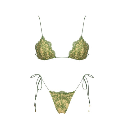 Mesh Bikini with Pants Swimsuit Brazilan Bikini Set Swimwear for Women Lace Halter Shirring 3 Pcs Bathing Suits Summer Female