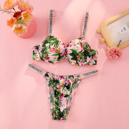 Victoria's Secret Push Up Bra And Panties Set For Women Rhinestone Logo Shoulder Straps Lace Underwear Sexy Lingerie Set