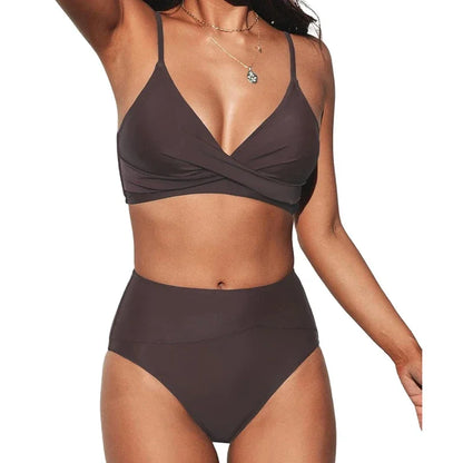Bikini Set Women's 2 Piece Swimwear Cross Ruched V Neck High Waisted Push Up Bikini 2025 New Beach Vacation Ladies Bathing Suit