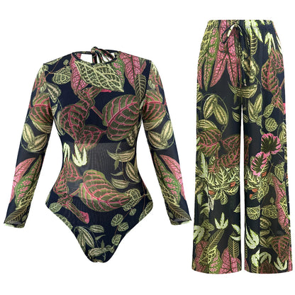 2026 New Trend Mesh Swimwear Women's Sheer Sexy High Waist Surfing One Piece Suit with Pants & Skirt Swimdress Smart Woman