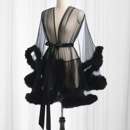 Sexy Bride Wedding Robe Dress Sleepwear Elegant Feather Long Nightgown Nightwear Luxury Ice Silk Home Dress Loungewear Sleepwear