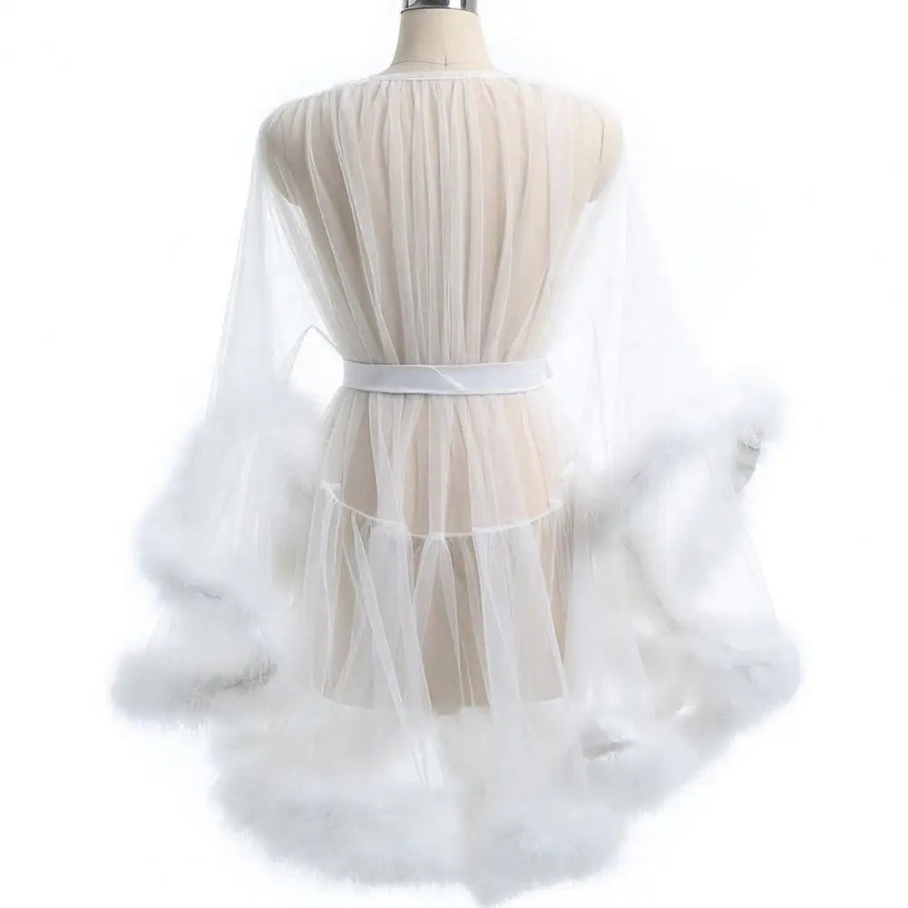 Sexy Bride Wedding Robe Dress Sleepwear Elegant Feather Long Nightgown Nightwear Luxury Ice Silk Home Dress Loungewear Sleepwear