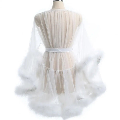 Sexy Bride Wedding Robe Dress Sleepwear Elegant Feather Long Nightgown Nightwear Luxury Ice Silk Home Dress Loungewear Sleepwear