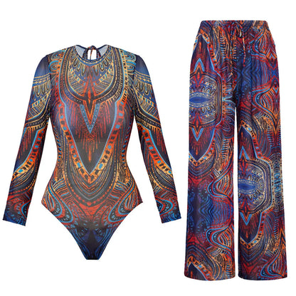 XS - XXL Printed Long Sleeve With Pants Women Swimwear One Piece Swimsuit Female Zipper Padded Bather Bathing Suit Swim V7094