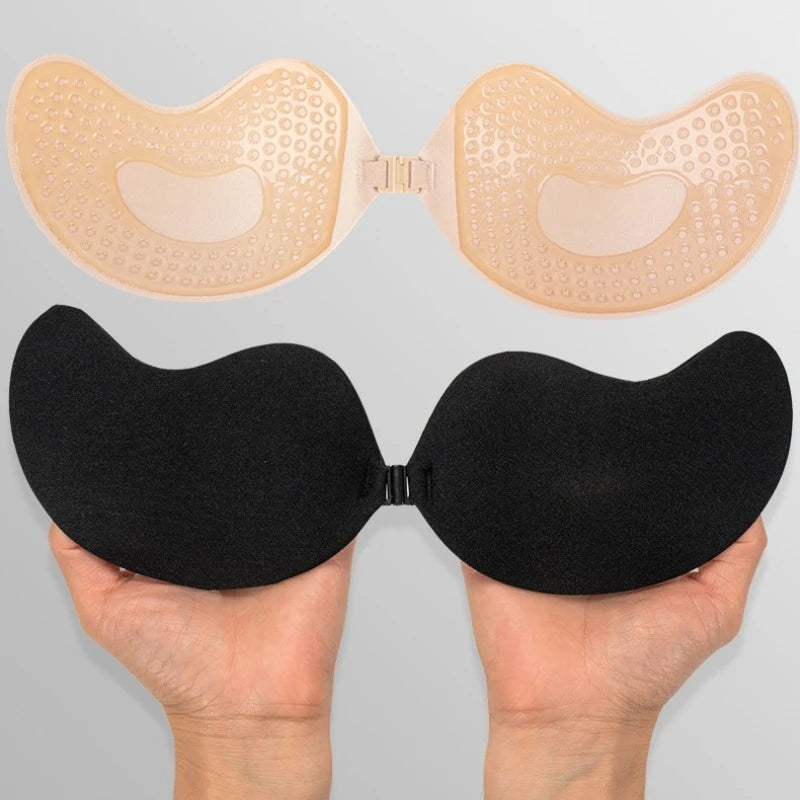 4cups Women's Invisible Bra Seamless Adhesive Silicone Bralette Comfortable Sticky Nude Bra Cup Strapless Push Up Mango Sticker