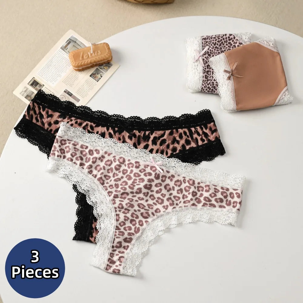 BZEL 3PCS Women Sweet Lace Panties Low-waist Underwear Thong Fashion Leopard Sexy Lingerie Breathable Female G-String Underpants