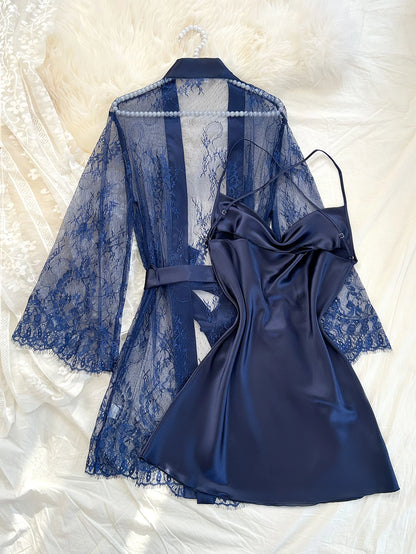 Sexy Elegant Pure Color Mesh Nightgown Set Transparent Lace Robe Sleepwear Casual Comfortable Women's Pajamas