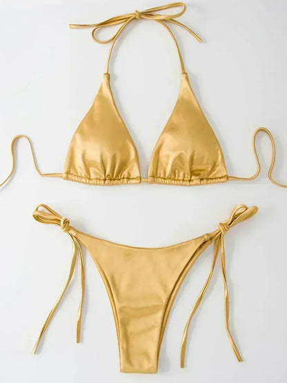 Halter Brazilian Metallic Satin Bikini Women Swimwear Female Swimsuit Two-pieces Bikini Set High Cut Bathing Suit Swim Beachwear