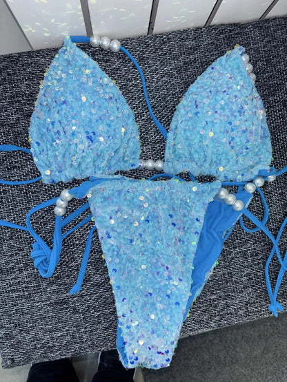 Women's Sparkle Sequins Bikini Set Beach Summer 2026 Vacation Glitter Swimsuit Two-Piece Swimsuit Set Scrunch Bum Bathing Suits