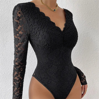 Womens Elegant Floral Lace Shaping Bodysuit Sexy Scallop Trim V-Neck Slimming Body Shaper Slim Night Club Party Leotards Tops