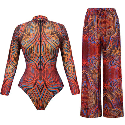 XS - XXL Printed Long Sleeve With Pants Women Swimwear One Piece Swimsuit Female Zipper Padded Bather Bathing Suit Swim V7094