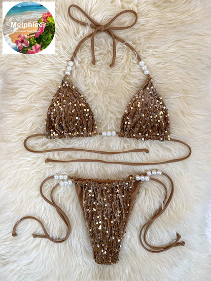 Women's Sparkle Sequins Bikini Set Beach Summer 2026 Vacation Glitter Swimsuit Two-Piece Swimsuit Set Scrunch Bum Bathing Suits